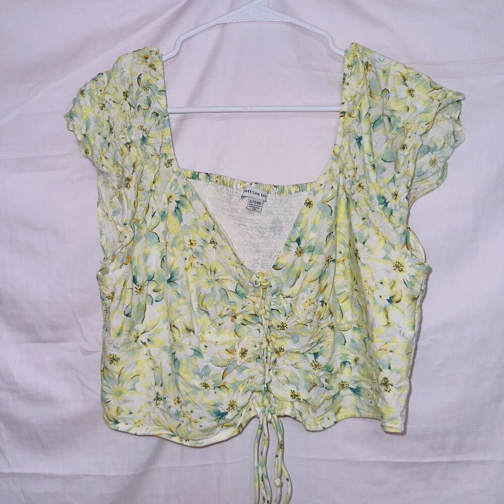American Eagle Short Sleeve Floral Print Cinched Front Crop Top size XL
